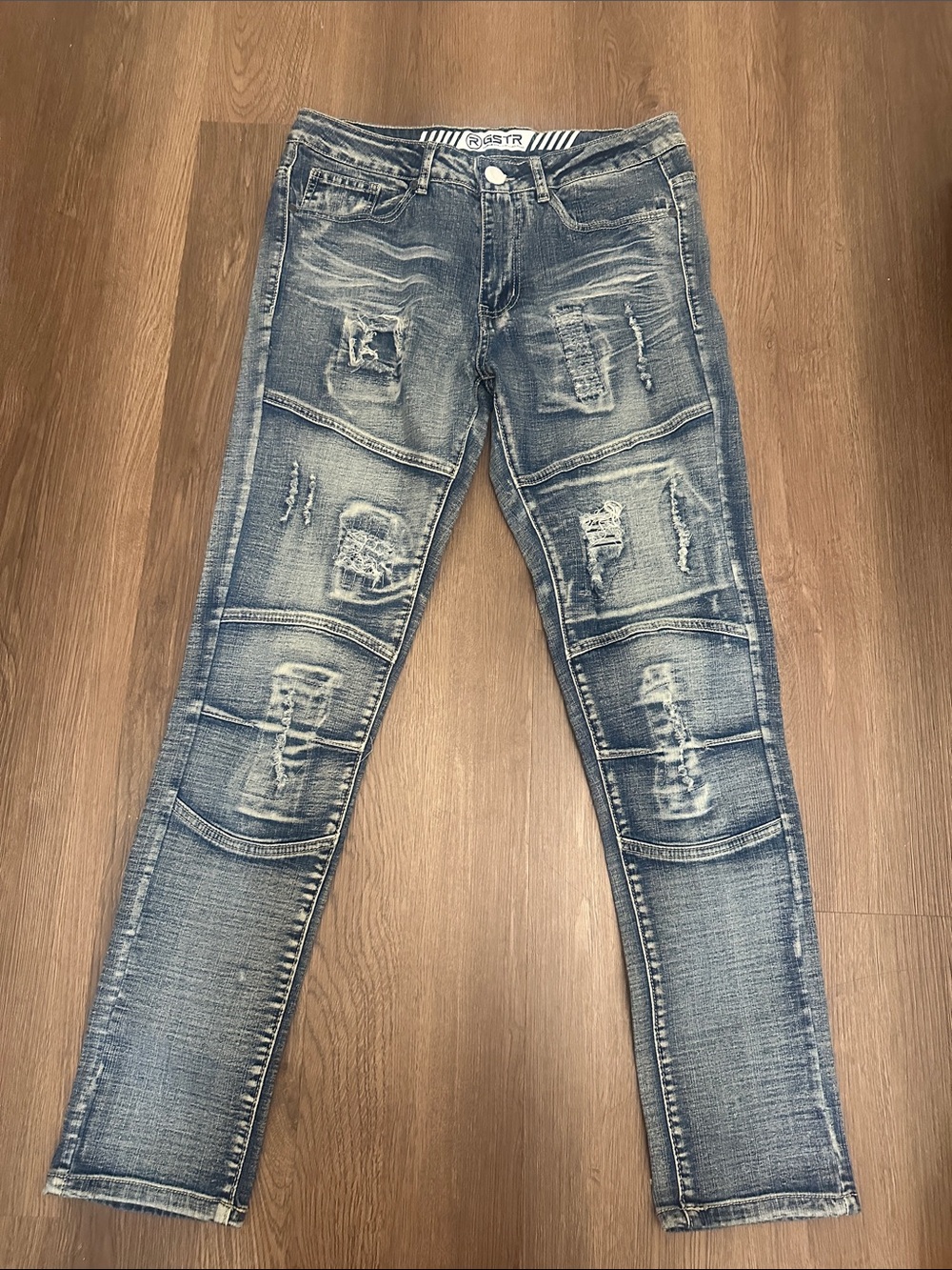 Men's Skinny Distressed Blue Jeans with Ribbed Panel Detailing